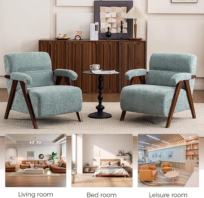 Accent Chair Mid Century Modern Living Room Chairs with Thick Cushion Comfy Upholstered Armchair Cozy Small Side Chairs for Reading Room Bedroom Sage