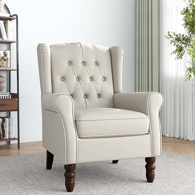Accent Chair, High Back Upholstered Chair with Button Tufted, Mid-Century Modern Comfy Wingback Chair Reading Armchair in Fabric for Living Room for Bedroom, Office-Beige