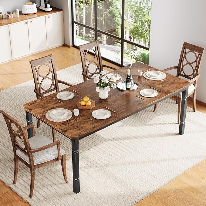 IDEALHOUSE 79" Dining Table for 6-8 People, Modern Rectangular Kitchen Table with Sturdy Metal Legs, Large Wood Farmhouse Dining Room Table for Home Office, Conference, Black & Brown