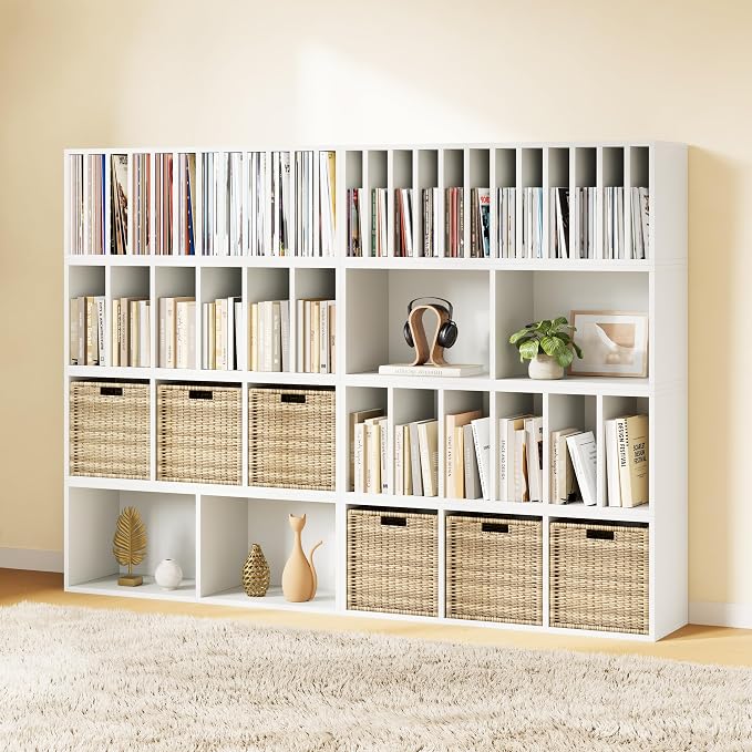 IOTXY DIY Modular Cube Bookcase - CubeXY Customizable Stackable Expandable Combination Set, 23-Cube Open Bookshelf for Books, Fabric Storage Bin, and 7/10-inch Vinyl Record Organizer, White