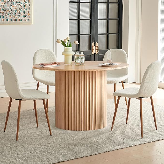 Dining Table Set for 4, Mid Century Modern 47 Inch Wooden Round Dining Table Set, Space Saving (Table + 4 White Chairs)