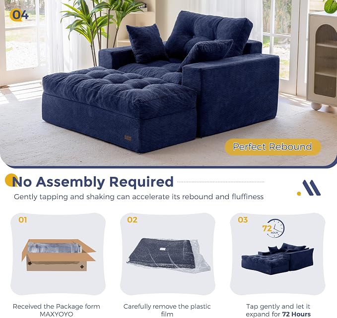 MAXYOYO Oversized Chaise Lounge Sofa, Upholstered Lounge Chair with 3 Pillows, Tufted Boneless Sofa Couch with Ottoman, Deep Seat Chair for Living Room, No Assembly, Navy