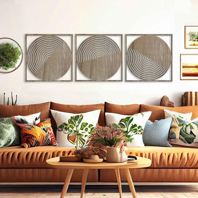 Round Boho Wall Art Wood Decor, Set of 3 Mid Century Modern Wood Wall Decoration, Aesthetic Wall Decor, Large Living Room Wooden Wall Art