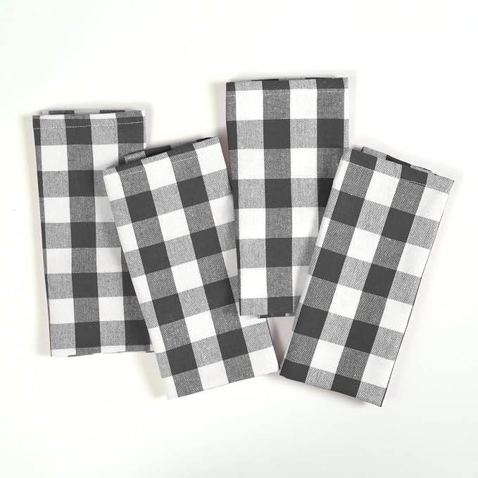 Gingham Checked Kitchen Towels 12 Pack, 18"x26", 100% Cotton, Absorbent Dish Towel for Kitchen Drying, Reusable Dishcloths Set for Cleaning, Quick Dry Wash Rags - Grey, White