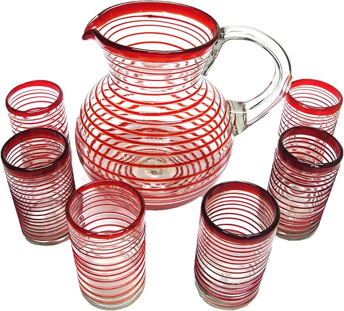 Ruby Red Spiral 120 oz Pitcher and 6 Drinking Glasses set, Recycled Glass, Lead-free, Toxin-Free (Pitcher & Glasses)
