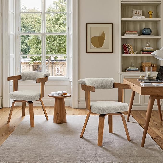 Art Leon Office Chair No Wheels - Mid Century Modern Desk Chair, Fabric Upholstered Accent Arm Chair with Wood Legs for Small Spaces Home Office Living Room Bedroom Study, Off White/Walnut