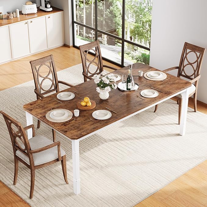 IDEALHOUSE 79" Dining Table for 6-8 People, Modern Rectangular Kitchen Table with Sturdy Metal Legs, Large Wood Farmhouse Dining Room Table for Home Office, Conference, White & Brown