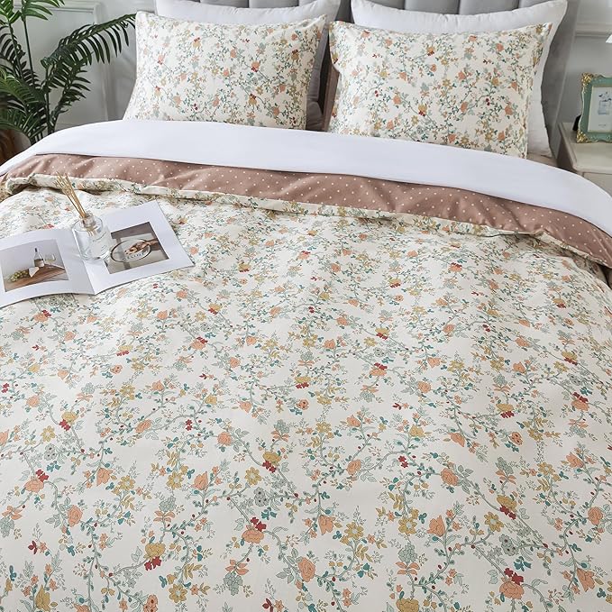 HoneiLife Botanical Duvet Cover Queen - 100% Cotton Comforter Cover Sets, Floral Duvet Cover Sets,Wildflower Bedlinen Set with Zipper Closure & Corner Ties