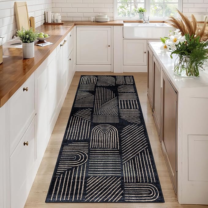MUJOO 2x6 Runner Rug Washable,Mid Century Modern Abstract Non Slip Low Pile Runner Rug,Black and Gold Rug for Hallway Kitchen Entryway