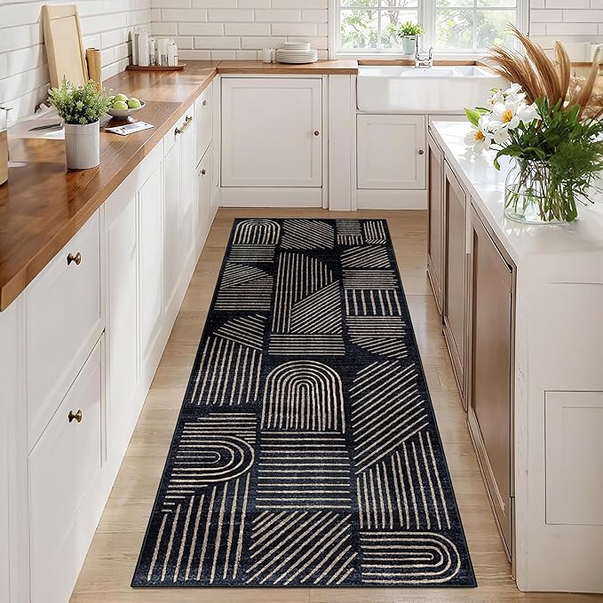 MUJOO 2x6 Runner Rug Washable,Mid Century Modern Abstract Non Slip Low Pile Runner Rug,Black and Gold Rug for Hallway Kitchen Entryway