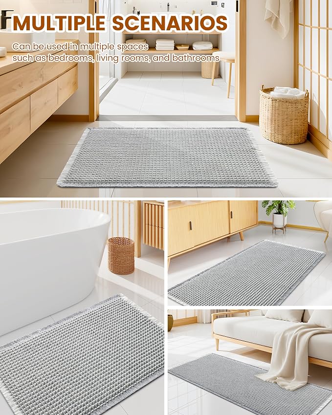 Smiry Waffle Bath Mat 60x24, Extra Soft Absorbent Bathroom Rugs, Non Slip Machine Washable Quick Dry Bath Rugs for Bathroom Floor, Tub, Shower, Home Decor Accessories, Lightgrey & Cream