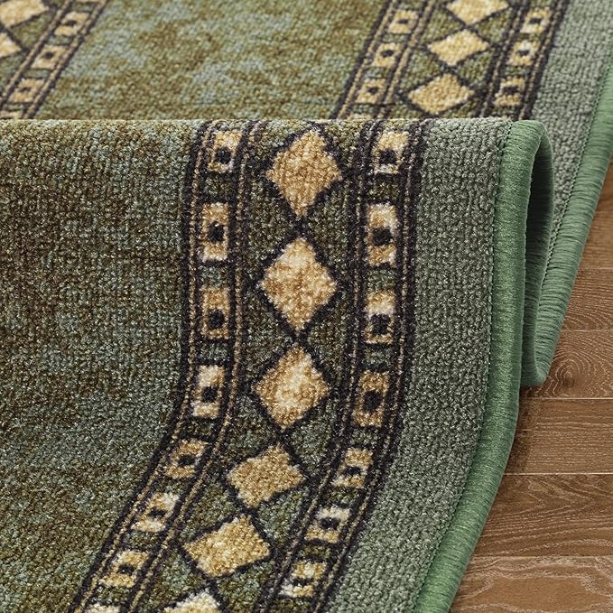 Antep Rugs Alfombras Modern Bordered 2pc Non-Skid (Non-Slip) Low Profile Pile Rubber Backing Indoor Kitchen Runner Rugs (Green, 2pc Set)