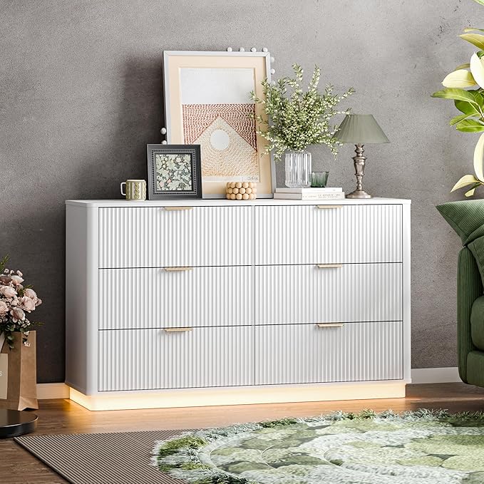 Fluted Dresser for Bedroom with 6 Drawers, 54" Wide Modern Chest of Drawers with Lighting, Wooden Dresser TV Stand with Curved Edges, Closet Organizer for Living Room, Hallway,White