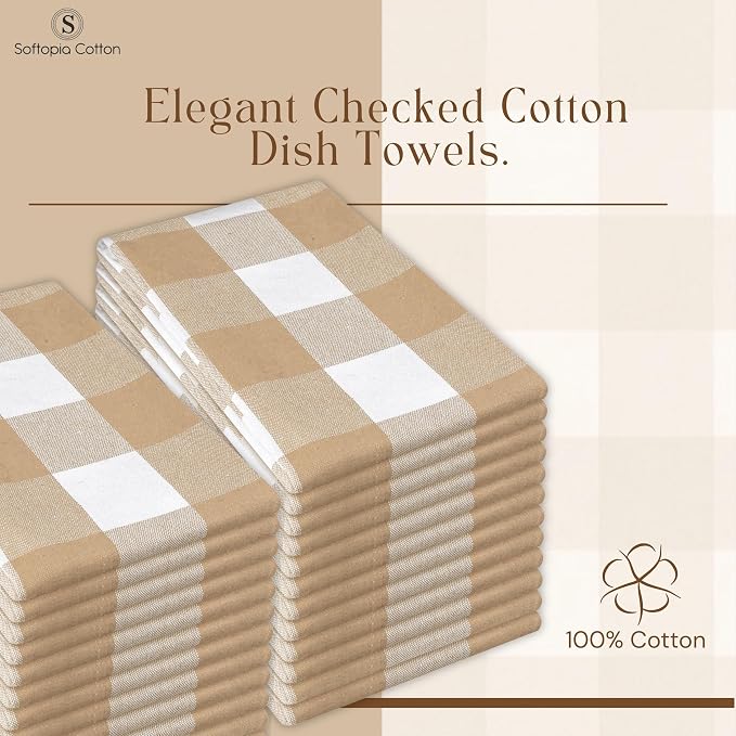 Buffalo Check 4 Pack Kitchen Towels, 16x26 Inches, Classic Farmhouse Plaid Dish Towel, 100% Cotton, Absorbent, Washable for Drying Dishes, Cleaning, Everyday Kitchen Use, Beige White