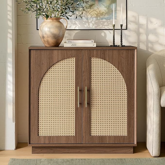 FORTUNETEC Sideboard Buffet Cabinet with Storage Set of 3, Modern Accent Cabinet with Rattan Arched Doors, Modular Media Console, Boho Credenza for Living Room Kitchen Dining Room Entryway, Walnut
