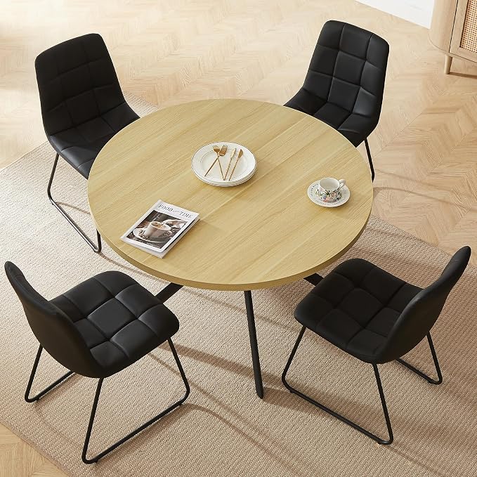 HIPIHOM 45.3 Inch Round Dining Table Set for 4, Mid Century Modern Small Coffee Set for Dining Room Kitchen Apartment (Cream Table + 4 U-Shaped Black Chairs)