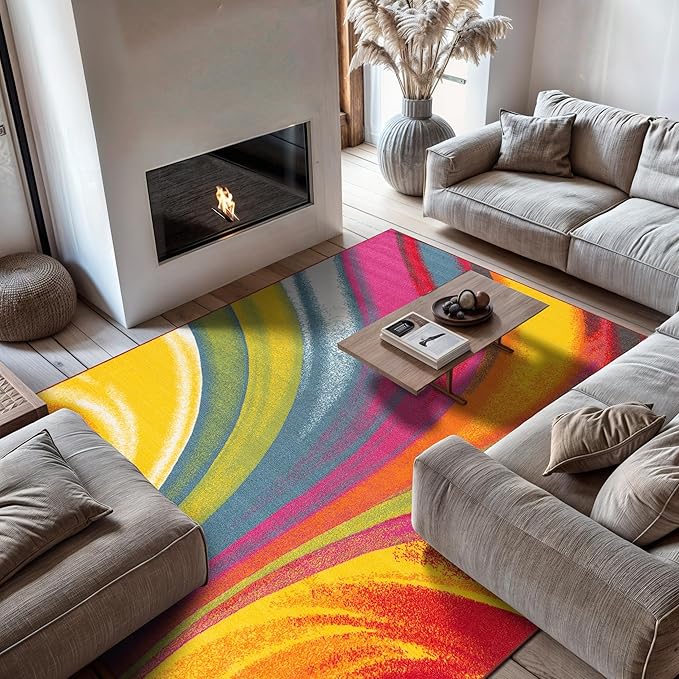 Modern Contemporary Waves Non-Slip (Non-Skid) Area Rug 8 x 10 (7' 10" x 10') Multi