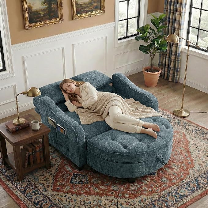 Round Chaise Lounge Chair with Storage Ottoman, Oversized Bubble Chair and a Half Featuring Adjustable Backrest, Plush Reading Accent Chair and Ottoman Set for Bedroom, Navy Blue