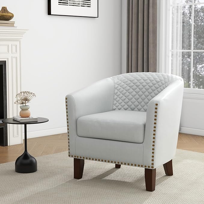 UIXE Faux Leather Barrel Accent Chairs Set of 2, Modern Club Upholstered Arm Chair, Comfy Armchair Nailed Trim Living Room Single Sofa Reading Seat Bedroom Side Sitting for Office, White