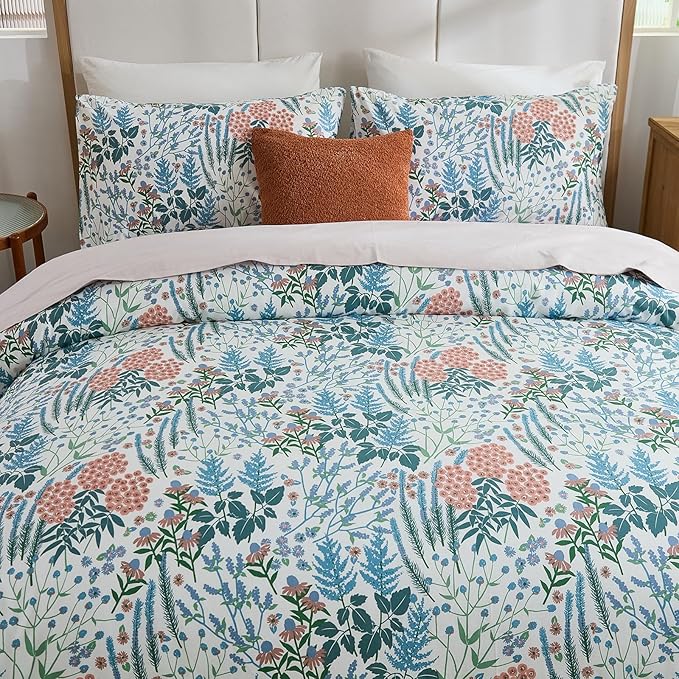 Cozeline 100% Cotton Duvet Cover King Size, Blue and Red Floral Bedding Set with Zipper Closure, 3 Pcs Breathable and Soft Botanical Duvet Cover for All Season