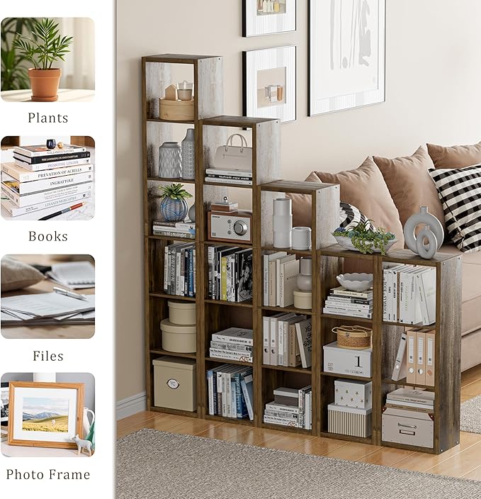 Tall Cube Storage Organizer Bookcase, 6 Tier 11 inch Open Back Cubical Shelf with Thickened Border, Display Bookshelf for Living Room, Home Office, Sturdy Room (Brown, 6 Cube,Vertical)