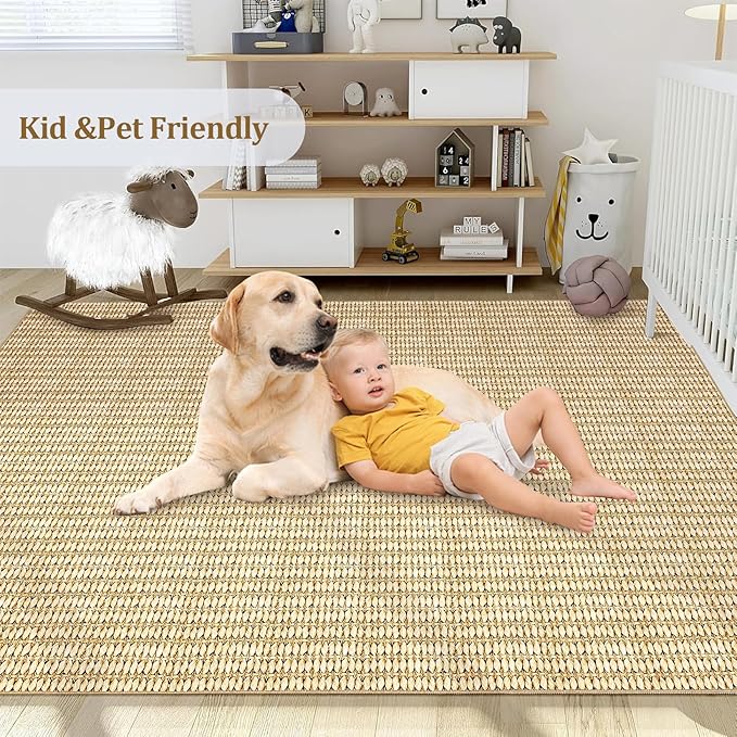 Washable 10x13 Modern Braided Print Area Rug for Living Room Low Pile Soft Bedroom Rugs Non Slip Modern Large Carpet Thin Foldable Boho Vintage Indoor Carpet for Playroom Open Living Room,Camel