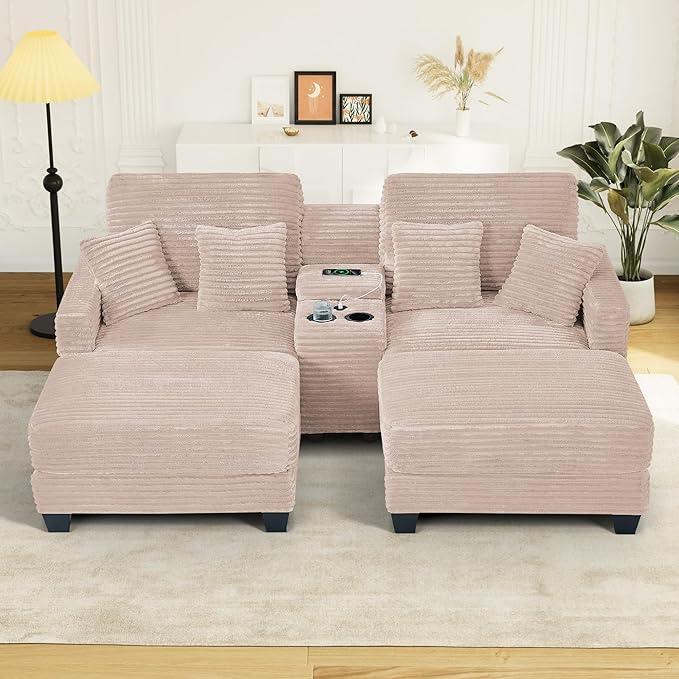Oversized Chaise Lounge Chair Indoor with Storage & USB, Cup Holder & Ottoman, Firm Solid Wood Frame with Long Service Life Corduroy Oversized Lounge Reading Chair for Large Study Room - Pink