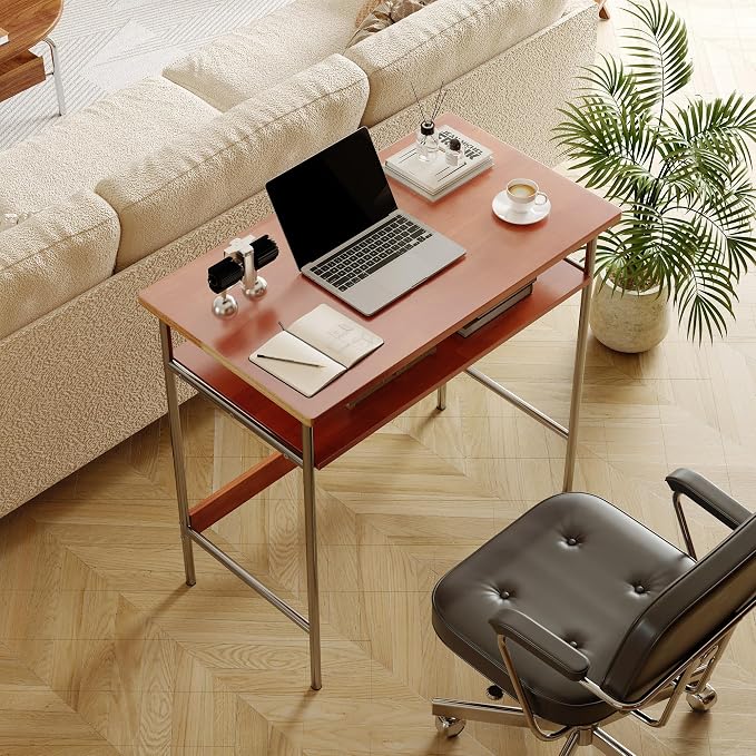100% Solid Wood Desk, 31.5" Writing Computer Desk for Small Spaces, Vintage Home Office Desks, Mid Century Modern Desks with Thickened Stainless Steel Legs for Study, Makeup & Workstation (Cherry)