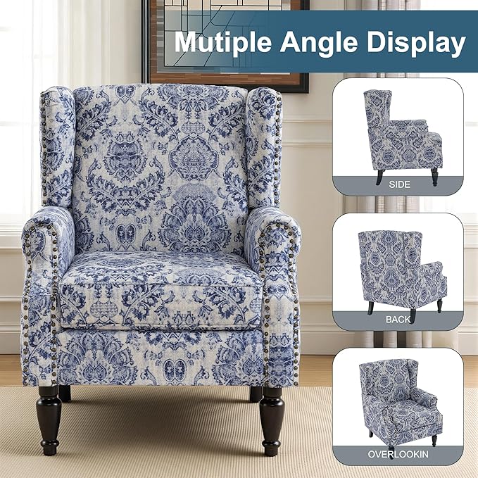 Wingback Chair, High Back Floral Accent Chair in Fabric, Comfy Upholstered Armchair with Nailhead Trim for Living Room, Single Sofa Reading Chair for Small Spaces, Bedroom-Navy