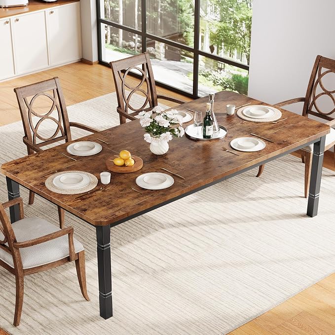 IDEALHOUSE 79" Dining Table for 6-8 People, Modern Rectangular Kitchen Table with Sturdy Metal Legs, Large Wood Farmhouse Dining Room Table for Home Office, Conference, Black & Retro