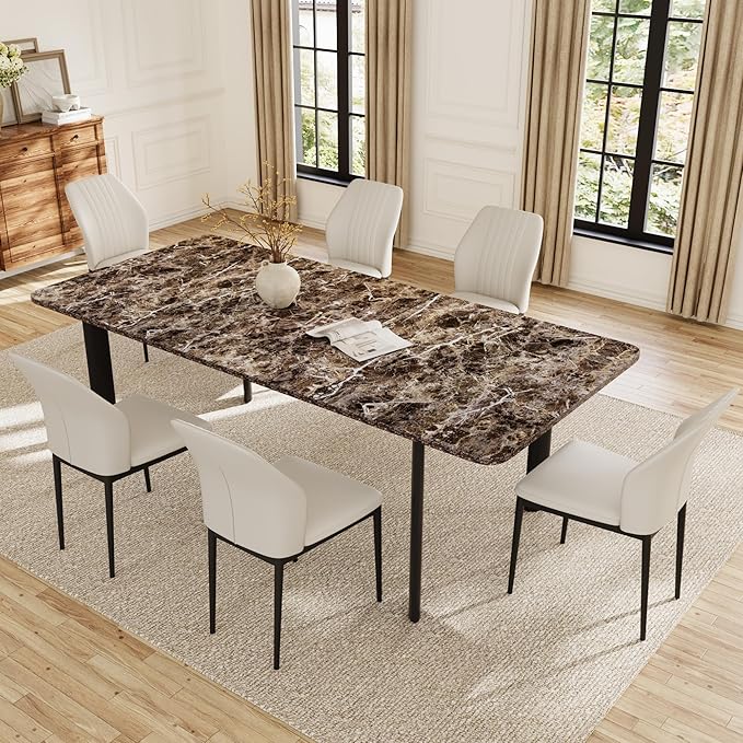 Extendable Dining Table Set for 6-8 People, 63 to 78.7 Inch MDF Kitchen Table with 6 Upholstered Chairs, Space-Saving for Dining Room, Breakfast Nook (Brown Table & 6 White Chairs)