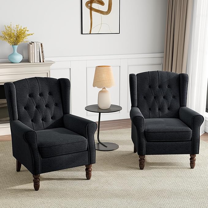 Mid-Century Modern 2-Piece Wingback Chair Set - Plush Upholstered Accent Chairs with Solid Wood Legs, High Back Lounge Seating for Living Room, Bedroom & Office - Retro Matched Pair (Bluish Black)