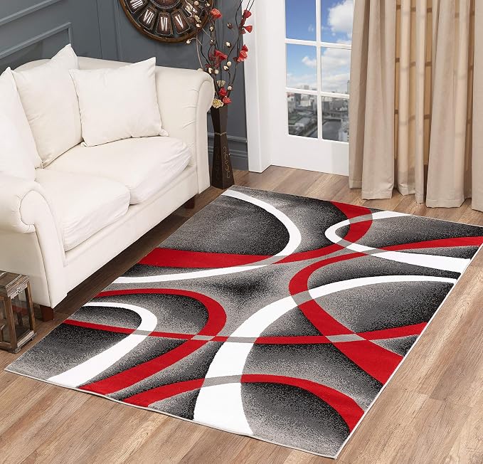 GLORY RUGS Modern Red Area Rug 4x6 Grey Swirls Carpet Bedroom Living Room Contemporary Dining Accent Sevilla Collection 4816A (Red)