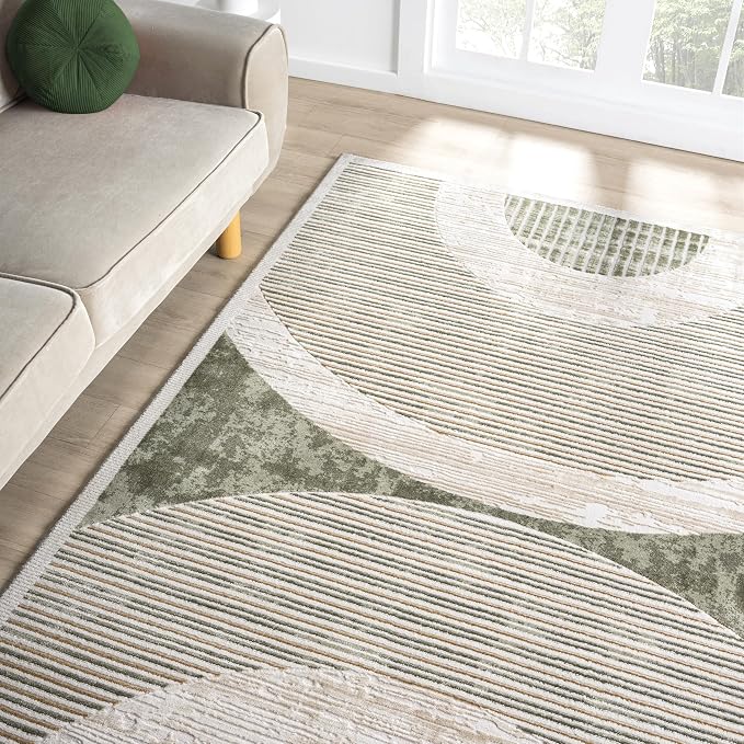 Abani Mid-Century Green Arch Washable Area Rug – 5' x 8' – Modern Geometric Design – Ivy Collection – Non-Shedding, Easy to Clean – Durable for High Traffic Areas – Living Room, Bedroom & Office