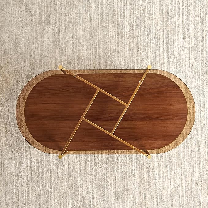 Oval Glass Coffee Table, Mid-Century Modern Design, L42*W22*H17 inch, for Living Room, Amber Glass Top and Walnut Finish Wood Shelf, Conical Metal Legs with Gold Finish