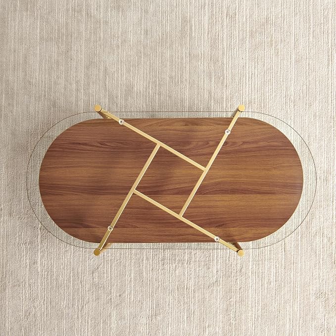 Oval Glass Coffee Table, Mid-Century Modern Design, L42*W22*H17 inch, for Living Room, Clear Glass Top and Walnut Finish Wood Shelf, Conical Metal Legs with Gold Finish