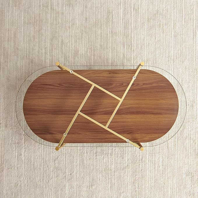Oval Glass Coffee Table, Mid-Century Modern Design, L42*W22*H17 inch, for Living Room, Clear Glass Top and Walnut Finish Wood Shelf, Conical Metal Legs with Gold Finish