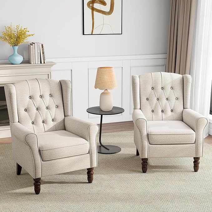 Mid-Century Modern Wingback Accent Chair - Plush Upholstered Lounge Chair with Solid Oak Legs, Ergonomic High Back Design for Living Room, Bedroom & Home Office - Retro Reading Armchair Grayish Beige