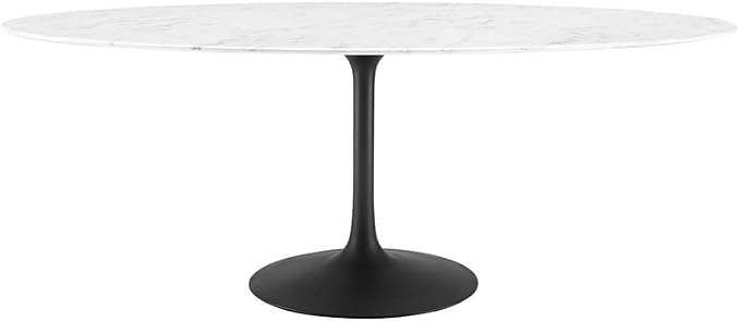 Modway Lippa 78" Oval-Shaped Mid-Century Modern Dining Table with Artificial Marble Top and Black Base