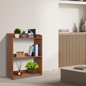 Narrow Bookcase by Natural Wood, 3 Tier Bookshelf, Small Book Shelves Freestanding Display Storage Shelves. Open Bookshelf for Bedroom, Living Room and Office (Brown, 3 Tier Simple)