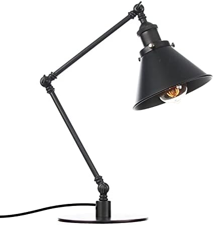 Industrial Metal Task Table Lamp - Adjustable Swing Arm Vintage Desk Lamp for Bedroom, Bedside Night Light, Retro Cafe Reading Light in Black & Gold Finish