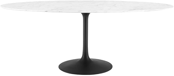 Modway Lippa 78" Oval-Shaped Mid-Century Modern Dining Table with Artificial Marble Top and Black Base