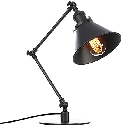Industrial Metal Task Table Lamp - Adjustable Swing Arm Vintage Desk Lamp for Bedroom, Bedside Night Light, Retro Cafe Reading Light in Black & Gold Finish