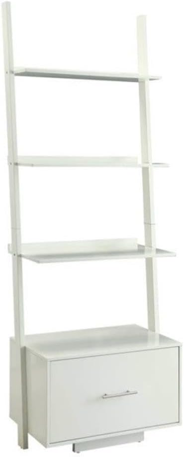 Convenience Concepts American Heritage Ladder Bookshelf with File Drawer 24.75" - Classic Living Room Bookcase with Filing Cabinet for Office, Den, White
