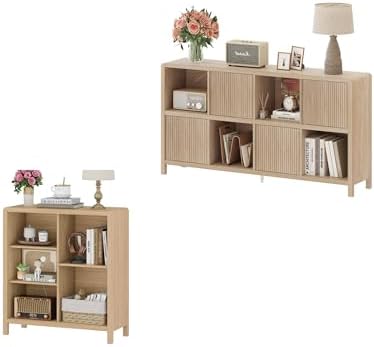 FATORRI 8 Cube Bookshelf with 4 Doors and 5 Cube Bookcase for Home Office (Light Walnut)
