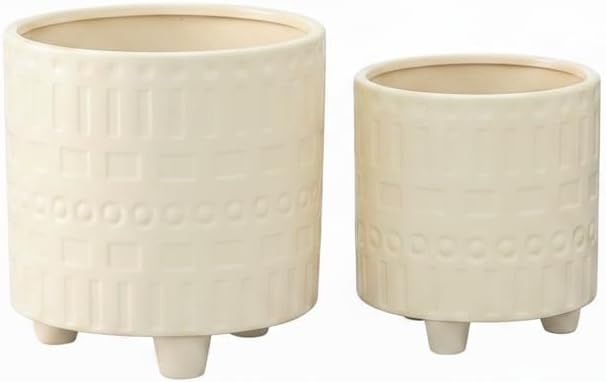 Urban Trends Ceramic Planter Set of 2 with Tripod Stand, Cream Gloss Pots with Debossed Contrasting Shapes Pattern, Decorative Plant Pots for Indoor Plants, Succulents, Shelf, Table Decor