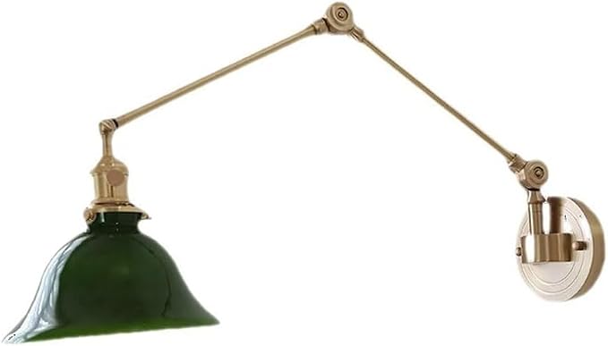 Adjustable Swing Arm Wall Lamp with Green Glass Shade, Brass Finish, Industrial Retro Style, Rotatable Wall Sconce for Bedroom Bedside Reading