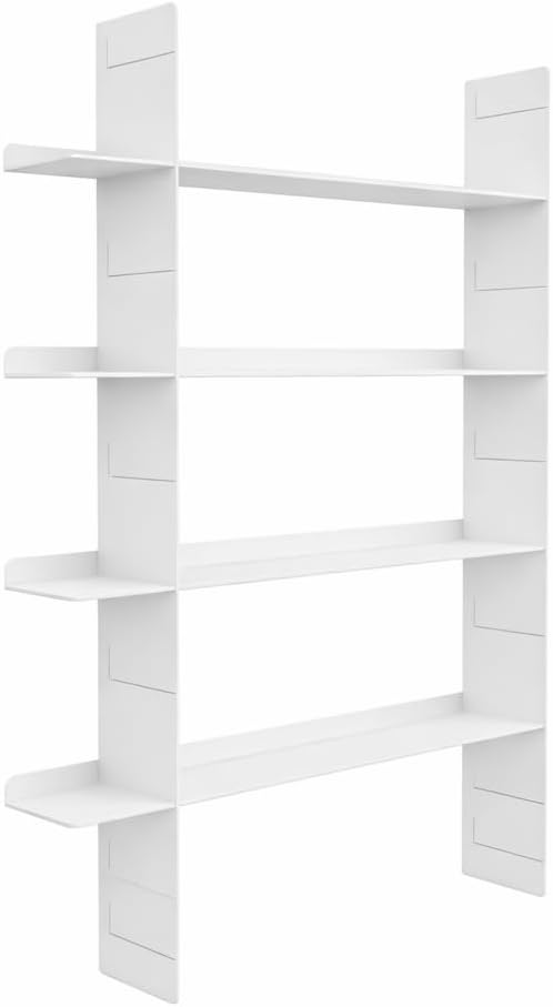 4 Tier Floating Book Shelf, Metal Wall Mounted Storage Shelves with 2 Uprights & 4 Shelves, Easy Install Display Shelf for Books, Plants, Decor & Collectibles, White