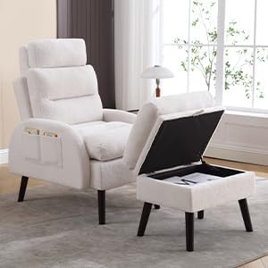 HCHAIRH Accent Chair with Ottoman Set, Comfy Reading Chair and Ottoman, Modern Oversized Lounge Armchair with Adjustable Backrest for Living Room Bedroom, Teddy White