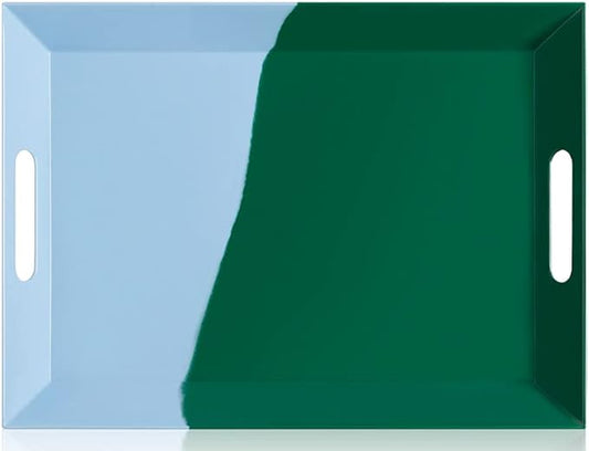 Melamine Serving Tray with Handles, Chip and Break-Resistant, Durable and Kid-Friendly Food Tray for Indoor and Outdoor, Dishwasher Safe(Green/Sky Blue)